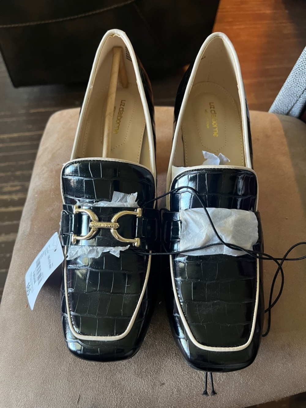 LC Lauren Conrad Black Croc-Embossed Loafers with Cream Trim and Gold Bit